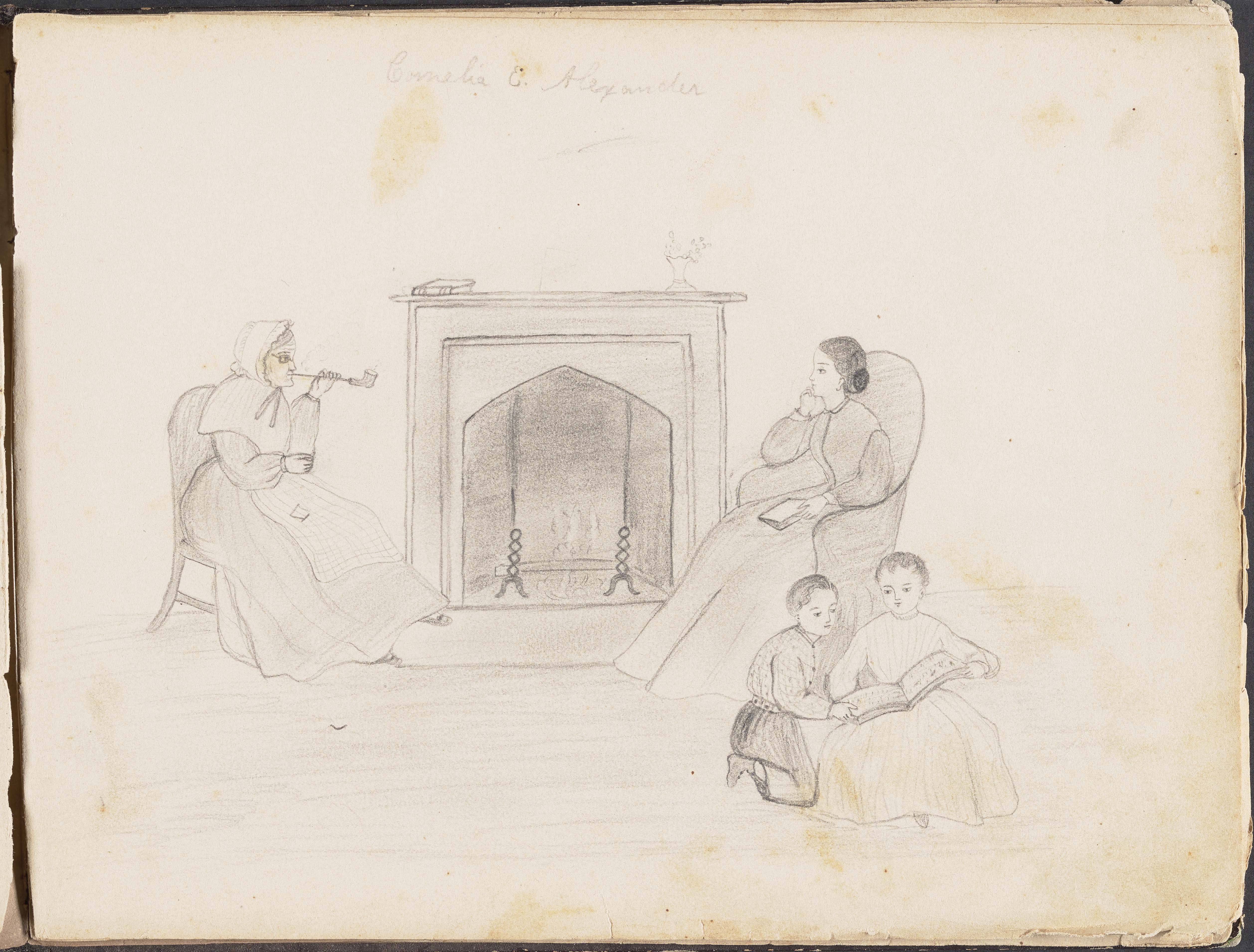 Sketch of two women and children around the hearth