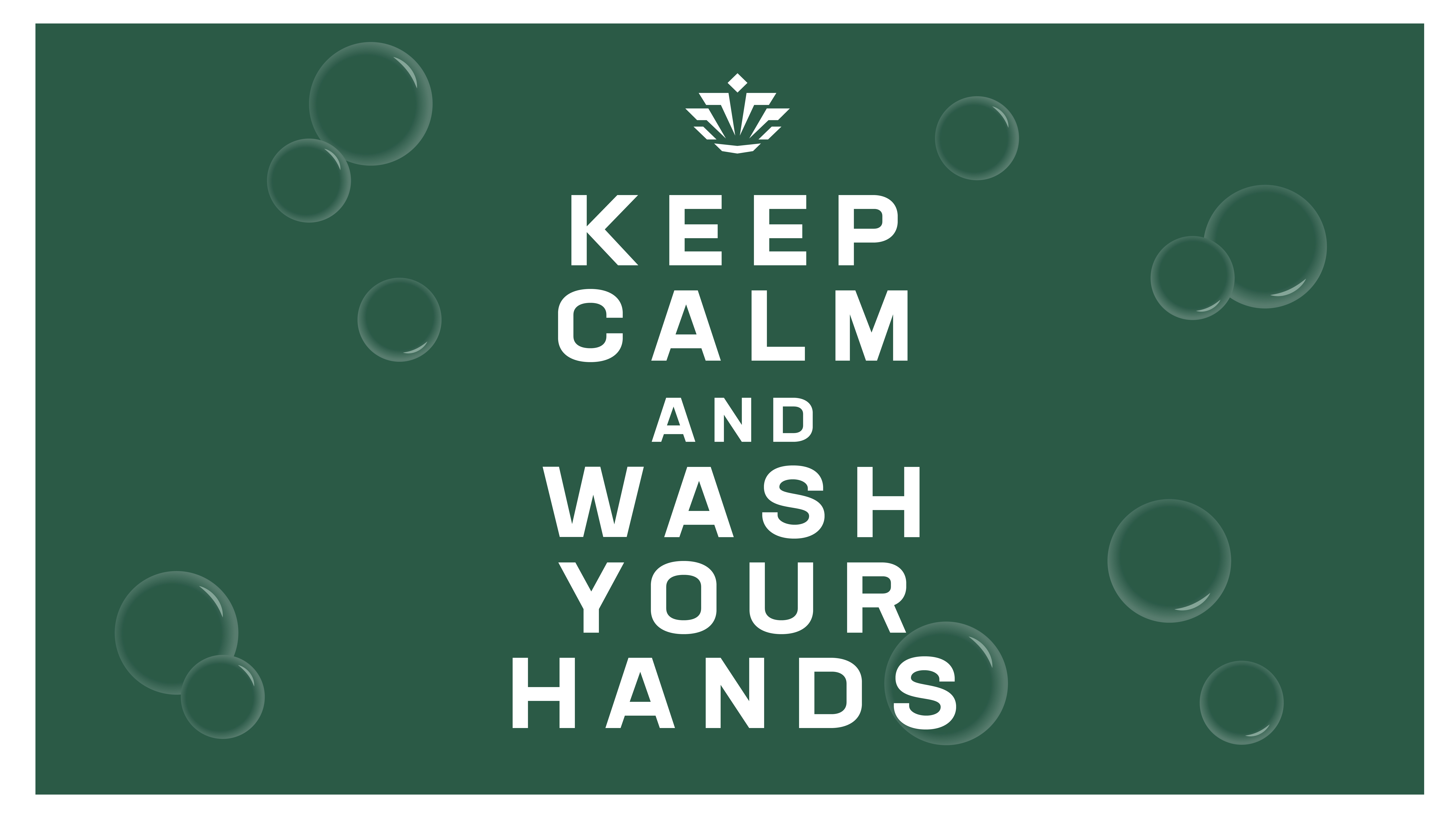 "Keep Calm and Wash Your Hands" on Niner green background color with UNC Charlotte crown logo and light bubbles in the background