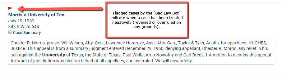 A screenshot of a case listing from Fastcase Premium that has been flagged by the Bad Law Bot. A textbox is shown reading "Flagged cases by the "Bad Law Bot" indicate when a case has been treated negatively (reversed or overruled on any grounds)."