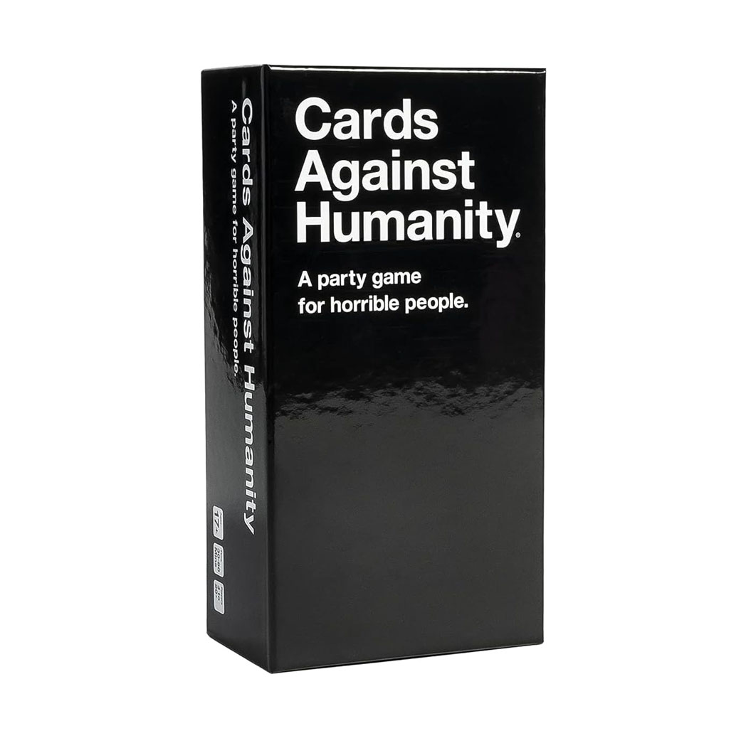 Black and white card game box with game title