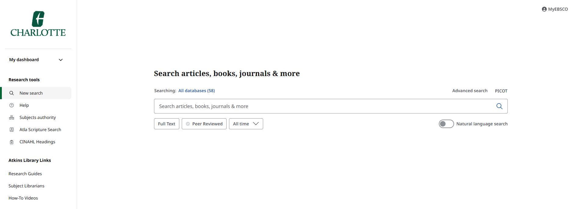 EBSCOhost's new user interface basic search page