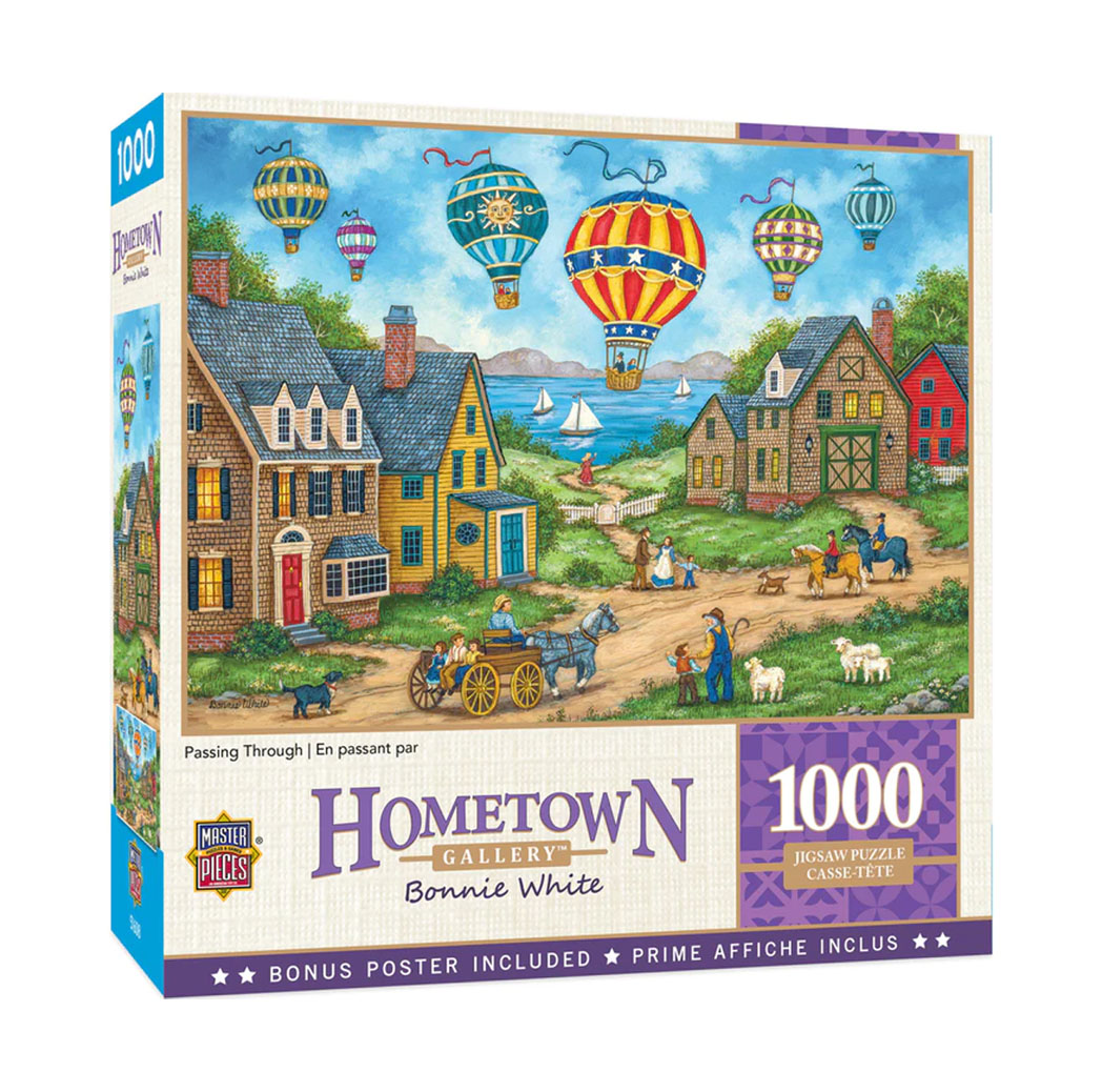 Puzzle box with illustration of a small village and hot air balloons