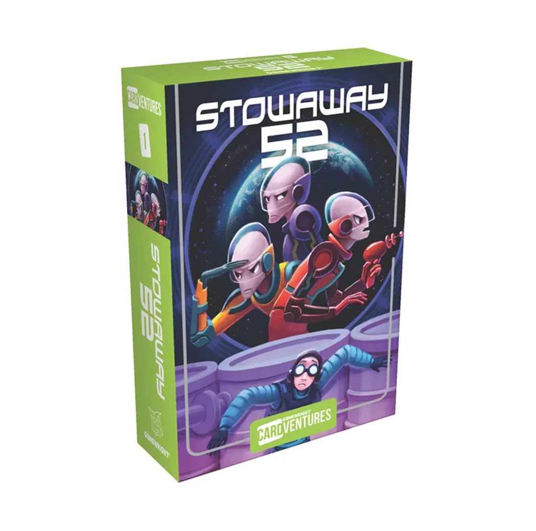 Card game box with illustration of a human hiding from three aliens