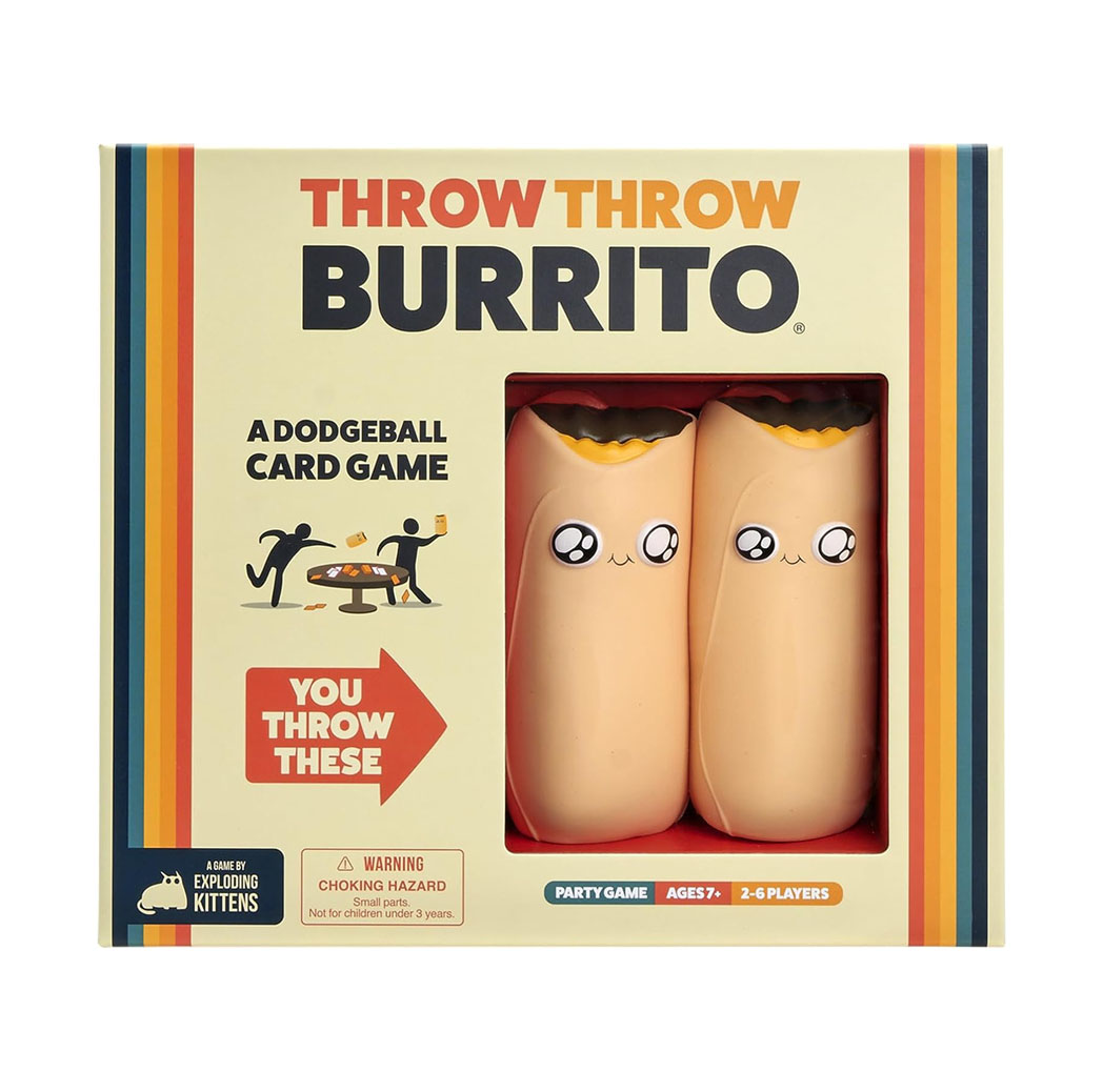 Colorful Board game box with a clear window to show two squishy burritos