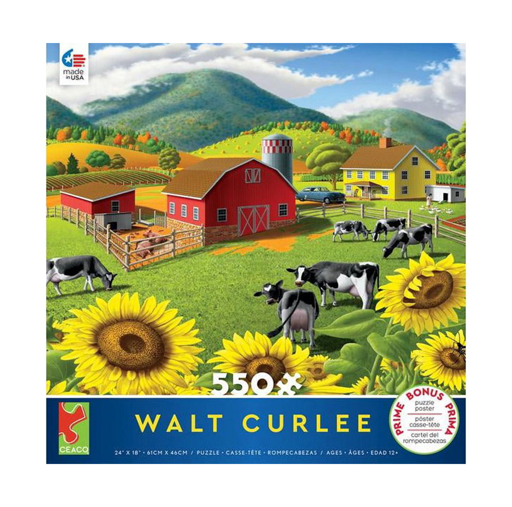 Puzzle box with illustration of barn and sunflowers