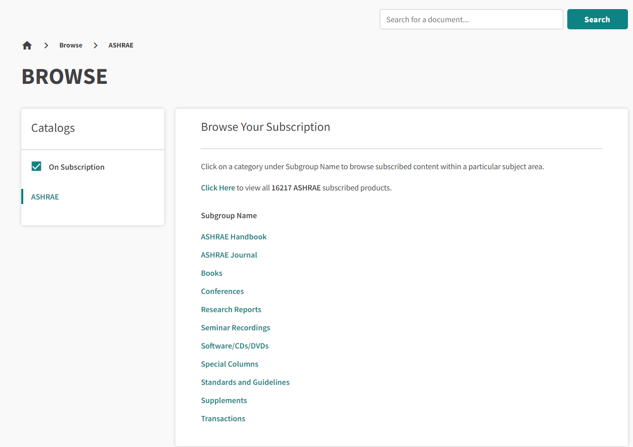 A screenshot showing the browse page for ASHRAE content.