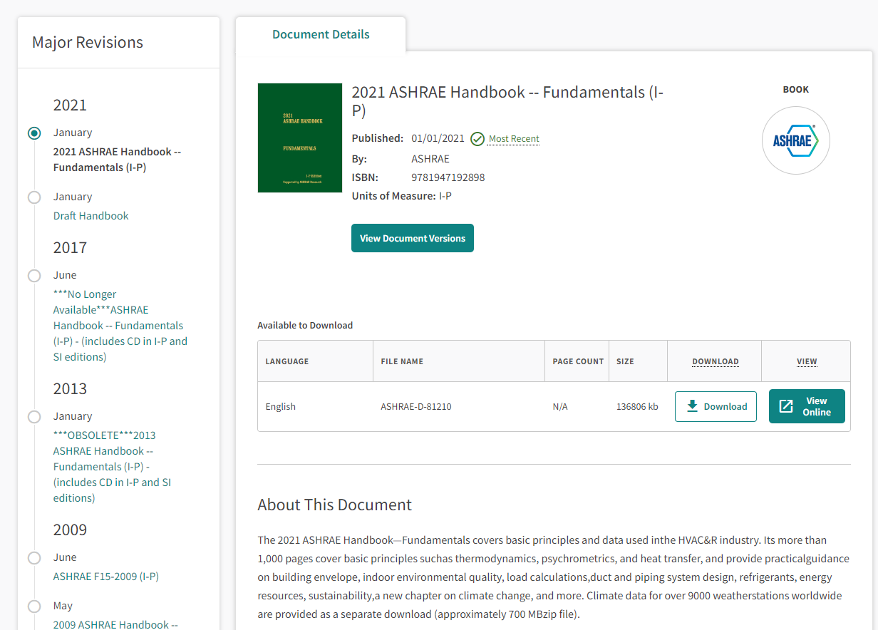 A screenshot of an ASHRAE handbook, featuring download features and a timeline