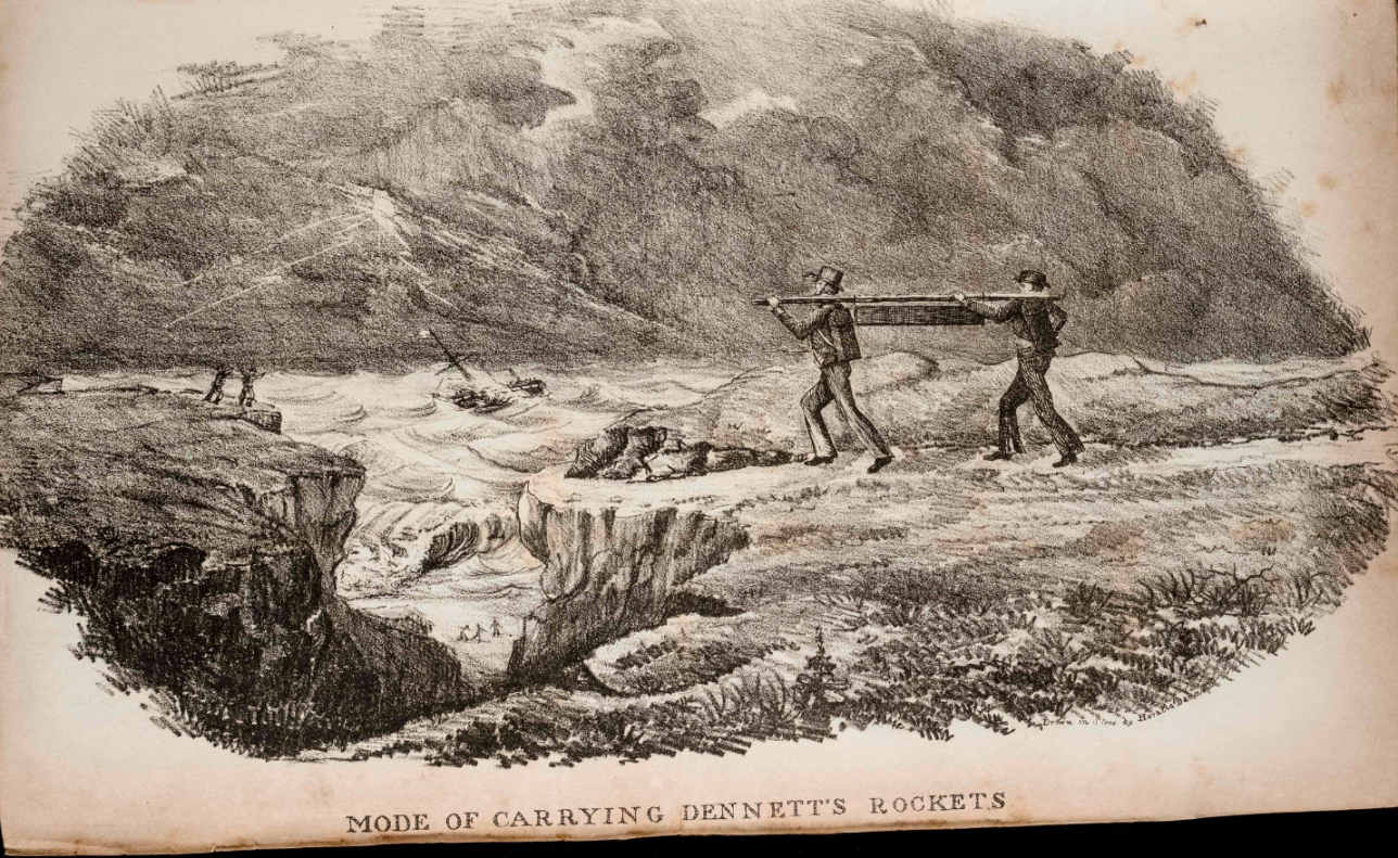 An image from the AM Explorer Collection, Colonial Caribbean. The image is called "Mode of Carrying Dennett's Rockets" from West India Miscellaneous, 1837, Individuals. Series 318.