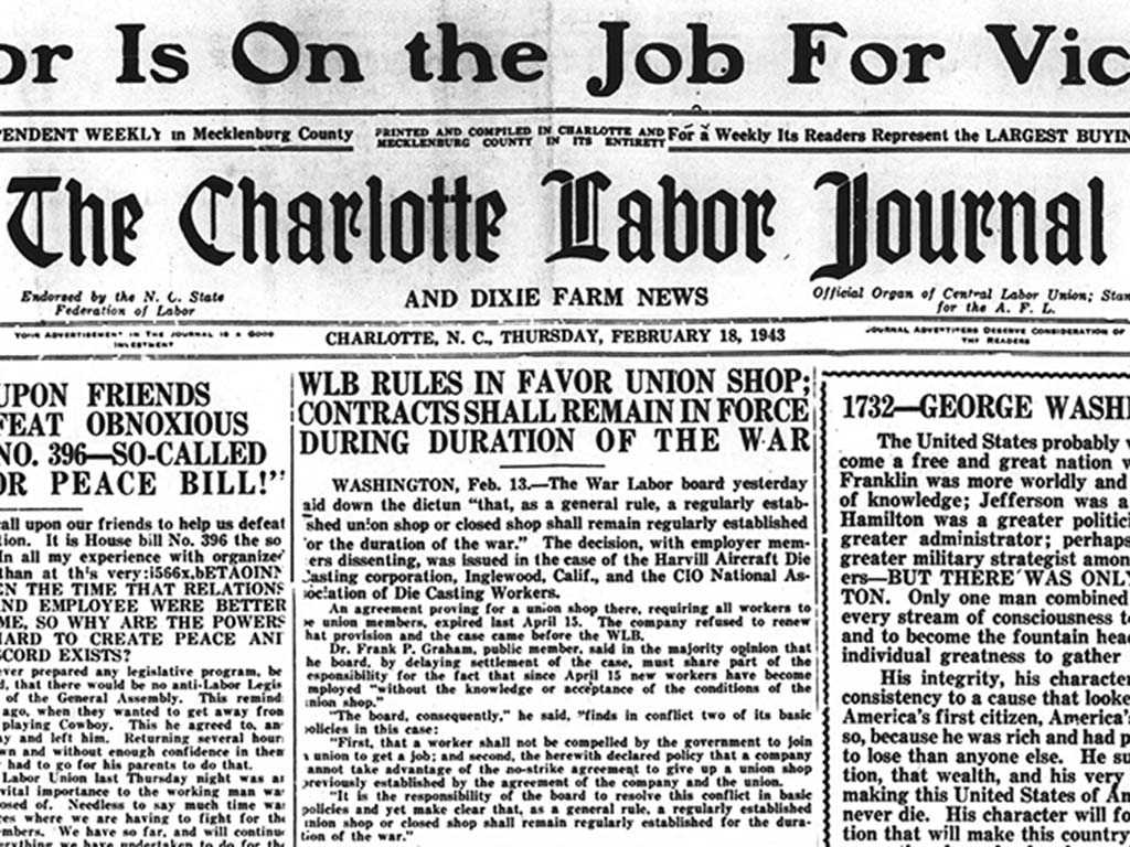 Front page of Charlotte Labor Journal Feb. 18, 1943