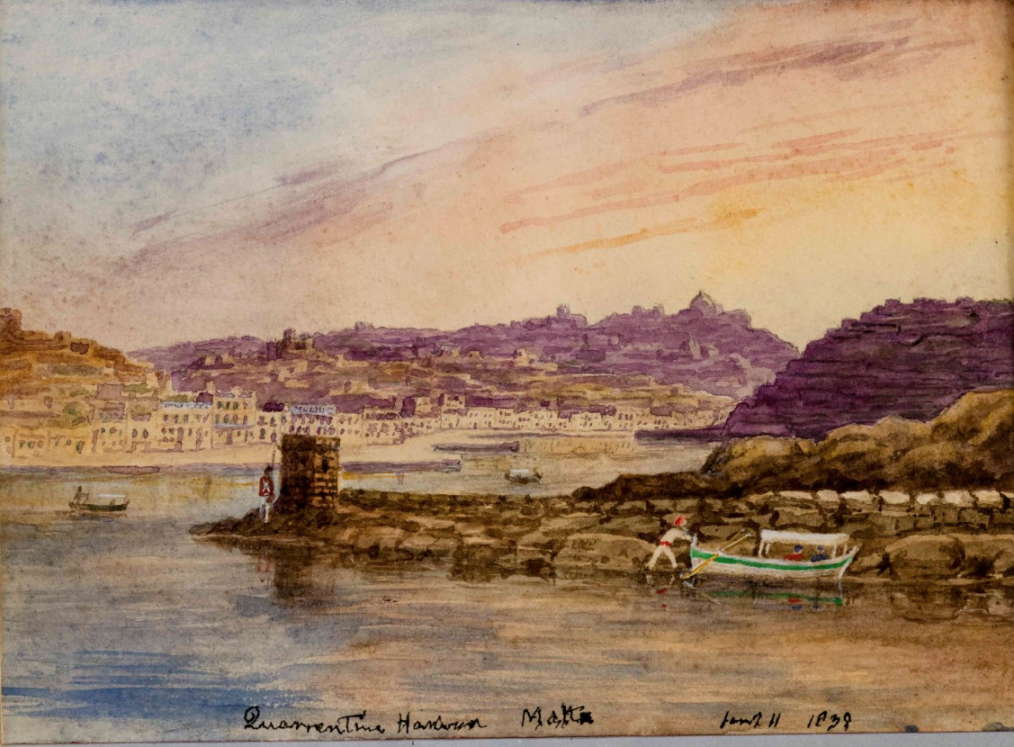 An image from the AM Explorer Collection, Life at Sea. The image is called "Quarantine Harbour, Malta" from Private illustrated Journal of Dr E H Cree, Volume II. Reference CRJ/2