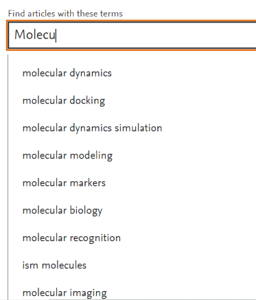 An example of the autosuggest feature in the ScienceDirect database.