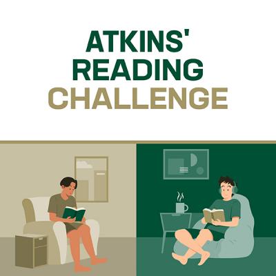 graphic for Atkins' Reading Challenge showing illustration of two people reading books