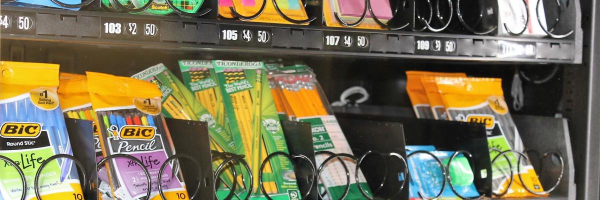 Photo of a vending machine with school supplies