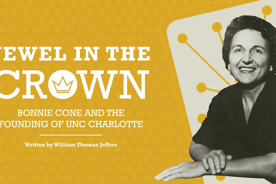 "Jewel in the Crown: Bonnie Cone and the Founding of UNC Charlotte" with head-and-shoulders photo of Bonnie Cone from the 1950s