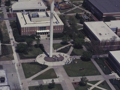 Aerial view of Belk Tower, circa 1970s-80s
